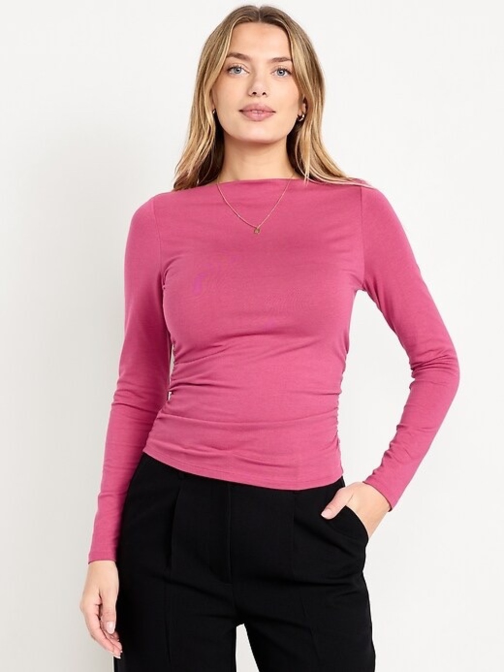 Long Sleeve Slit-Neck Ruched Top - Picture 2 of 5